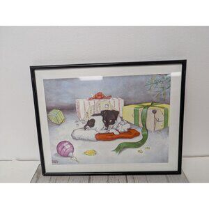 Jane McClure Jane's Prints Puppy Dog makes Mess Sleeps Santa Hat Framed Print
